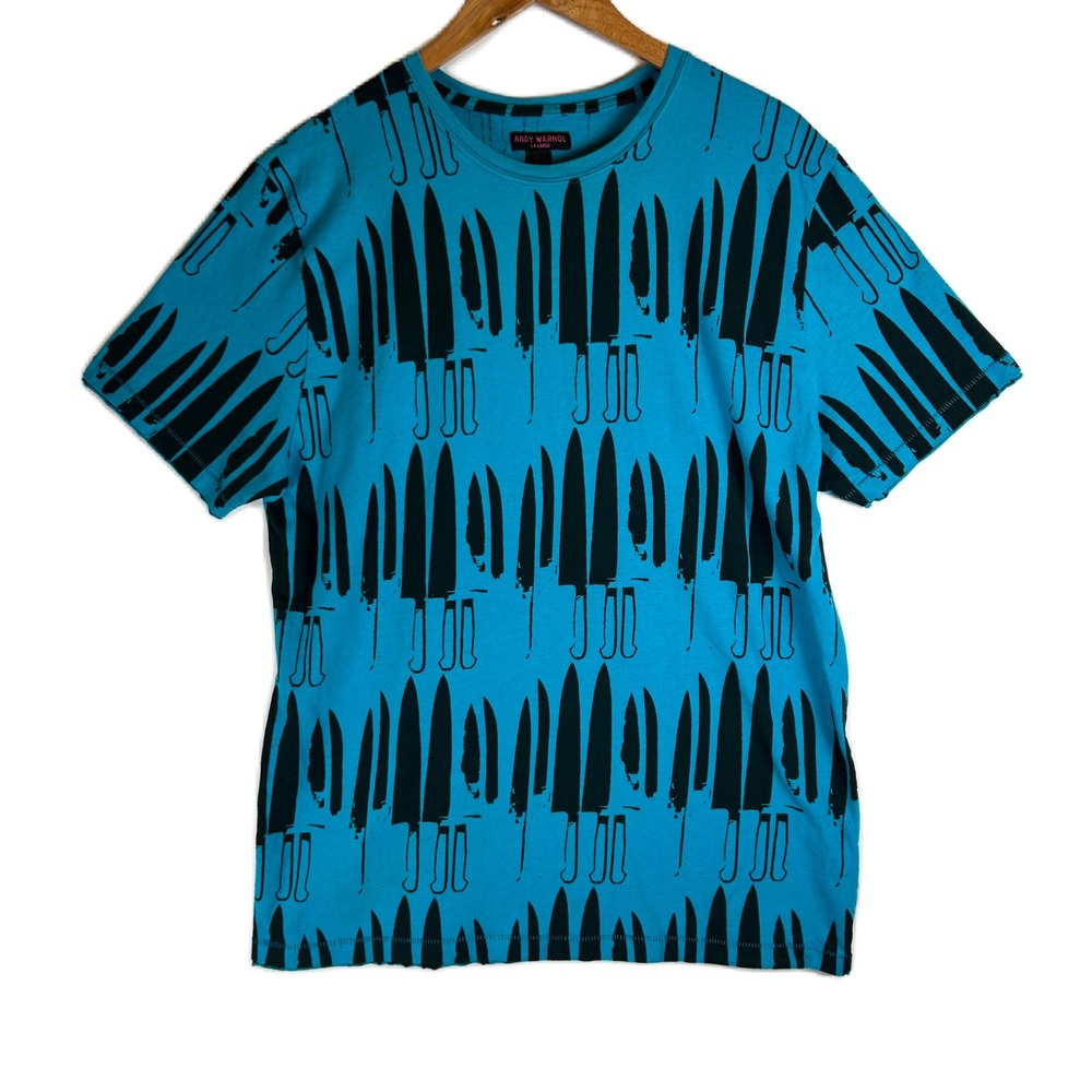 Andy Warhol Knives Graphic T-Shirt Mens XXL Turquoise Blue All Over Print Cotton
